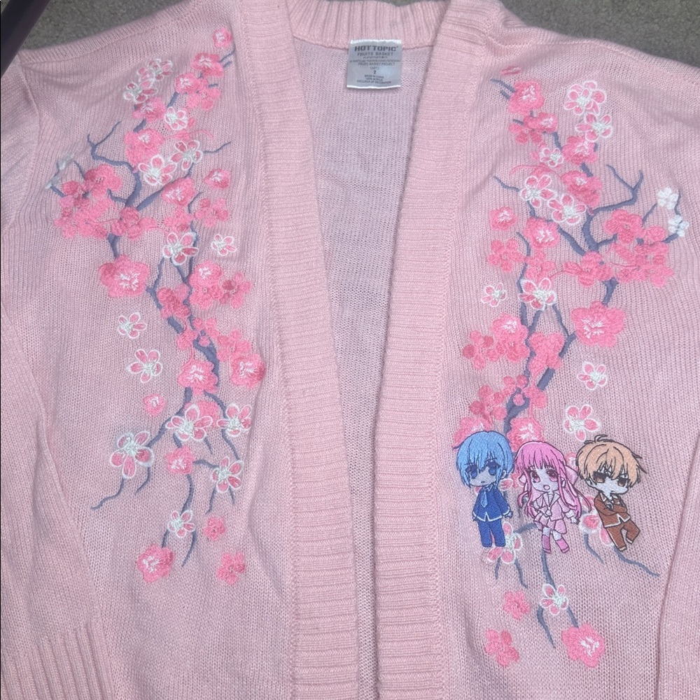 HOT TOPIC PINK ANIME Floral Embroidered Cardigan Sweater Size 2 🟰18 /20 ACRYLIC